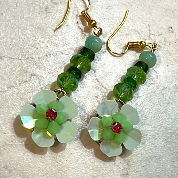 Iridescent Green Flower Earrings. - Picture 2 of 3